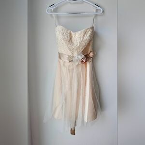 DAVID'S Bridal Corset Beaded Dress Wedding  Beige Tulle Belt Flowers size 12